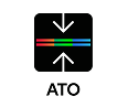 검은색 사각형 배경 안의 화살표와 컬러 라인이 조합된 'ATO' 기술 텍스트 로고