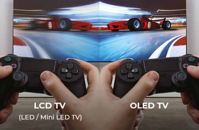 게임 컨트롤러를 쥔 두 손과 화면 속 레이싱카의 잔상을 통해 비교한 LCD TV와 OLED TV의 응답 속도 차이.